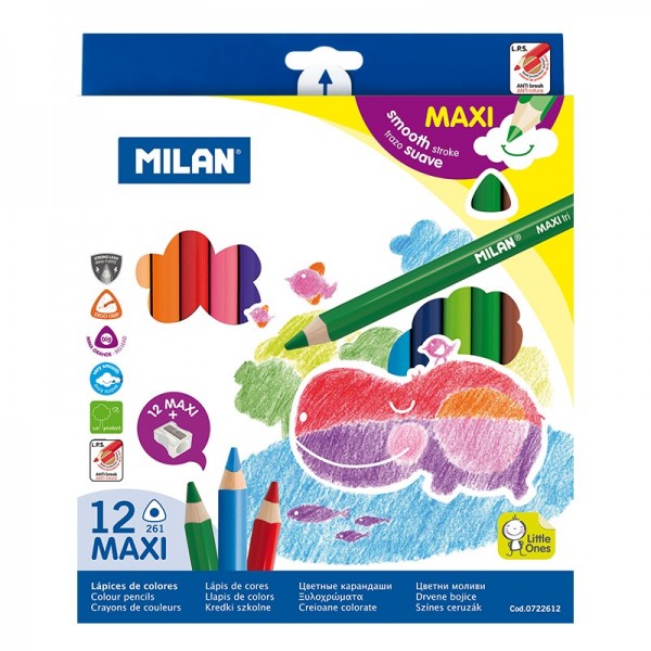 Набор цветных карандашей ТМ MILAN 0722612 MAXI 12цв. с точилкой,треугольные D5mm