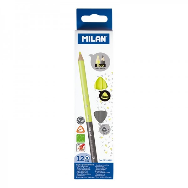 Набор двухцветных карандашей ТМ MILAN 07323812 НВ флюорисцентный жёлтый +графитовый, треугольные D2,9mm 12шт