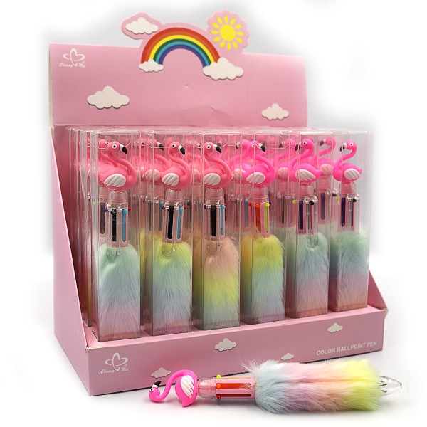 Ручка детская с игрушкой и мехом, многоцветная, автомат Фламинго DSCN2281-6, шариковая, 6цветов, микс корпусов
