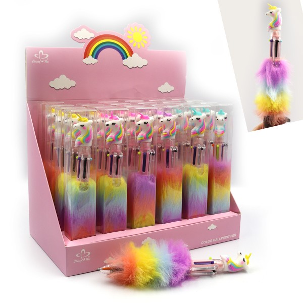 Ручка детская с игрушкой и мехом, многоцветная автомат Единорог DSCN2282-6, шариковая, 6цветов, микс корпусов