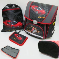 Набор рюкзак-коробка, пенал плоский и мешок для обуви PREMIUM-F Racing, ортопедическая спина 37х36х22см, пенал 20х13х3см
